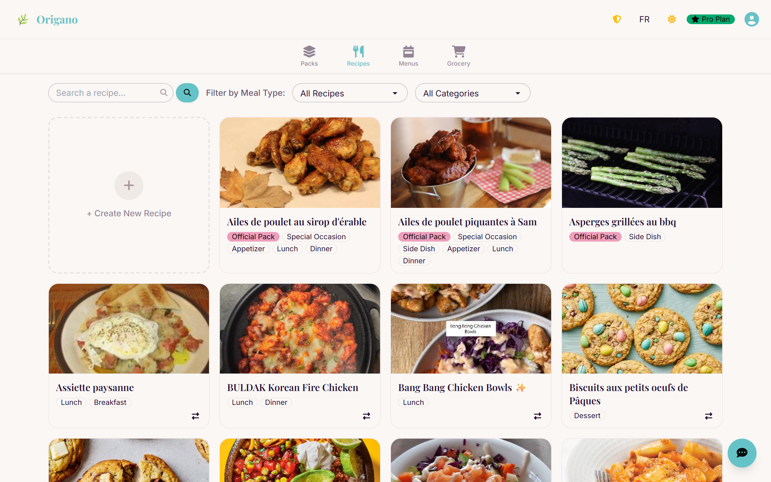 Origano recipe book: grid view of recipes organised by category