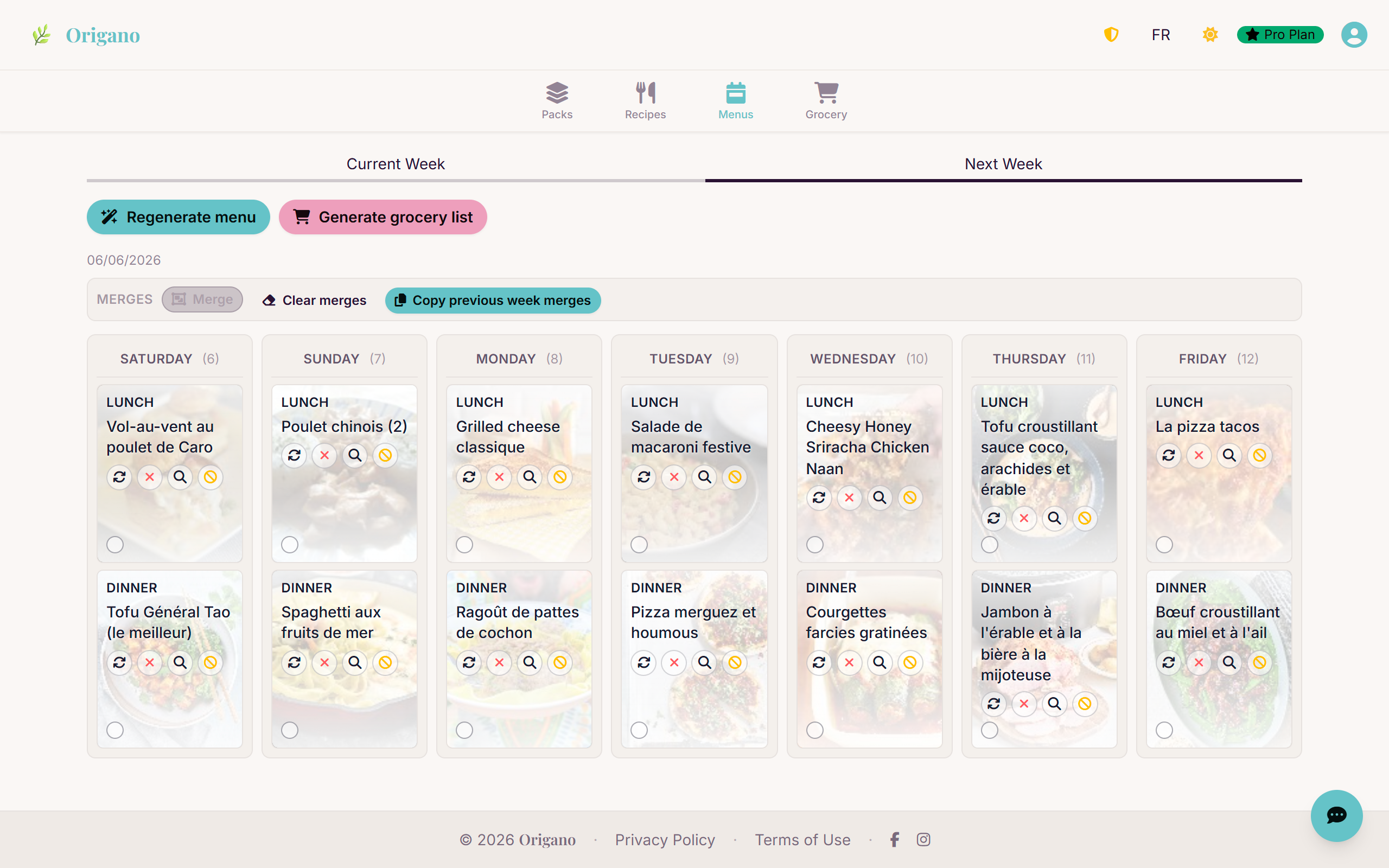 Origano weekly meal planner: full week view with lunch and dinner slots