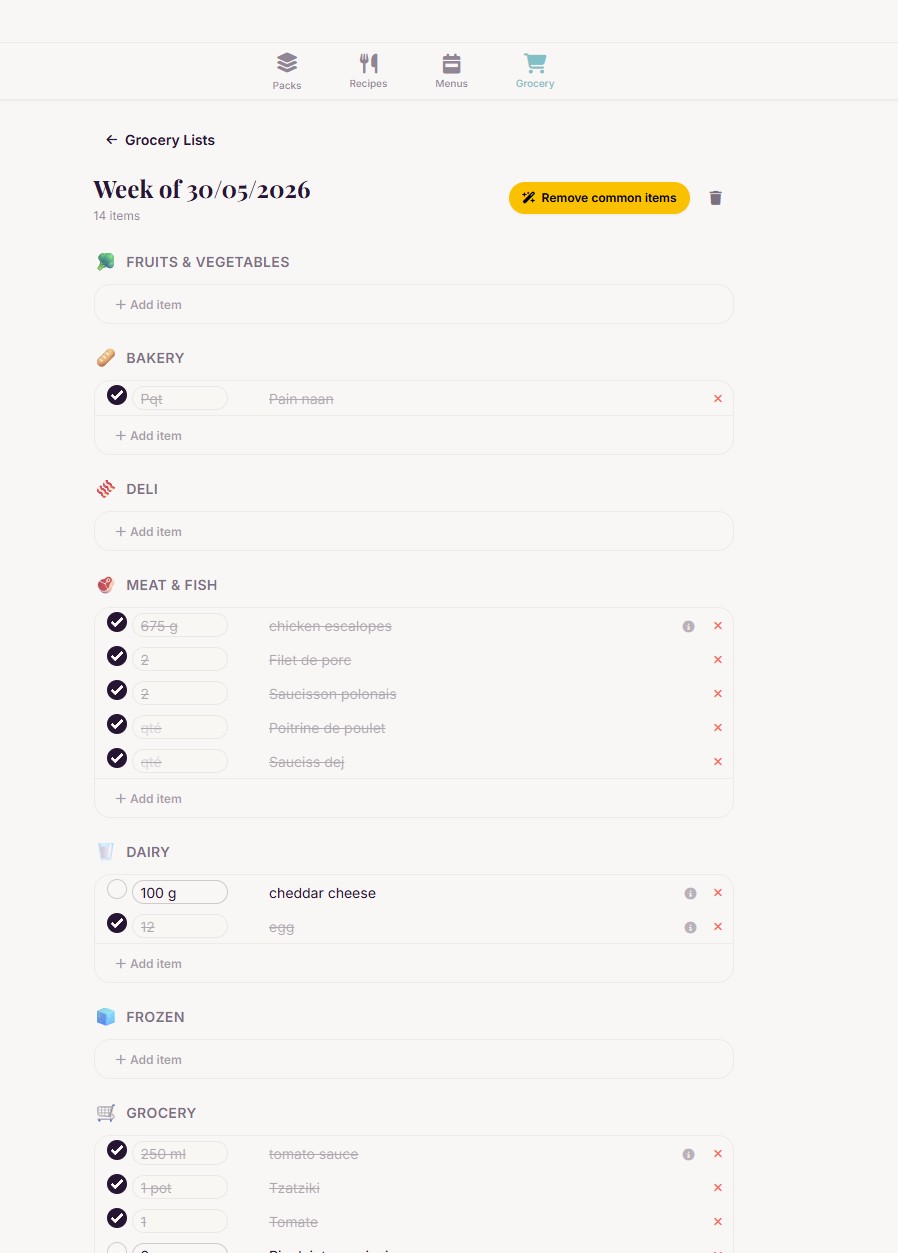 Origano grocery list: sorted by category with AI button to remove common items