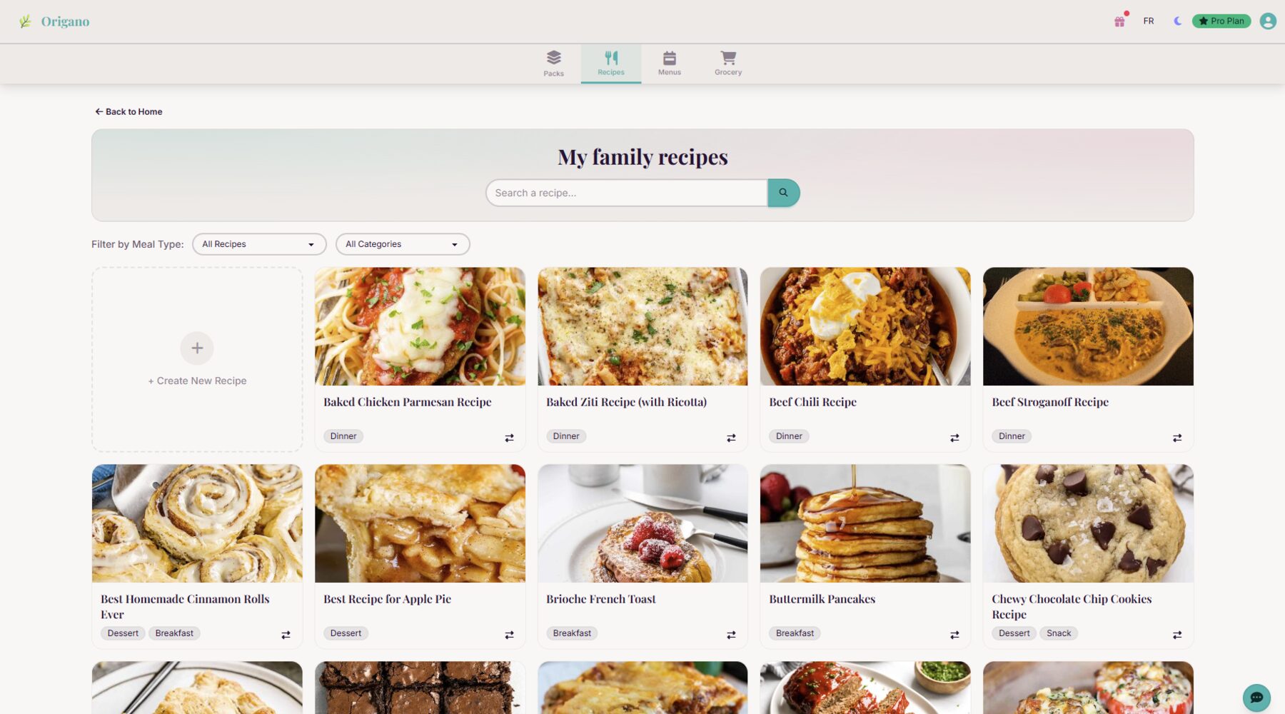 Origano recipe book: grid view of recipes organised by category