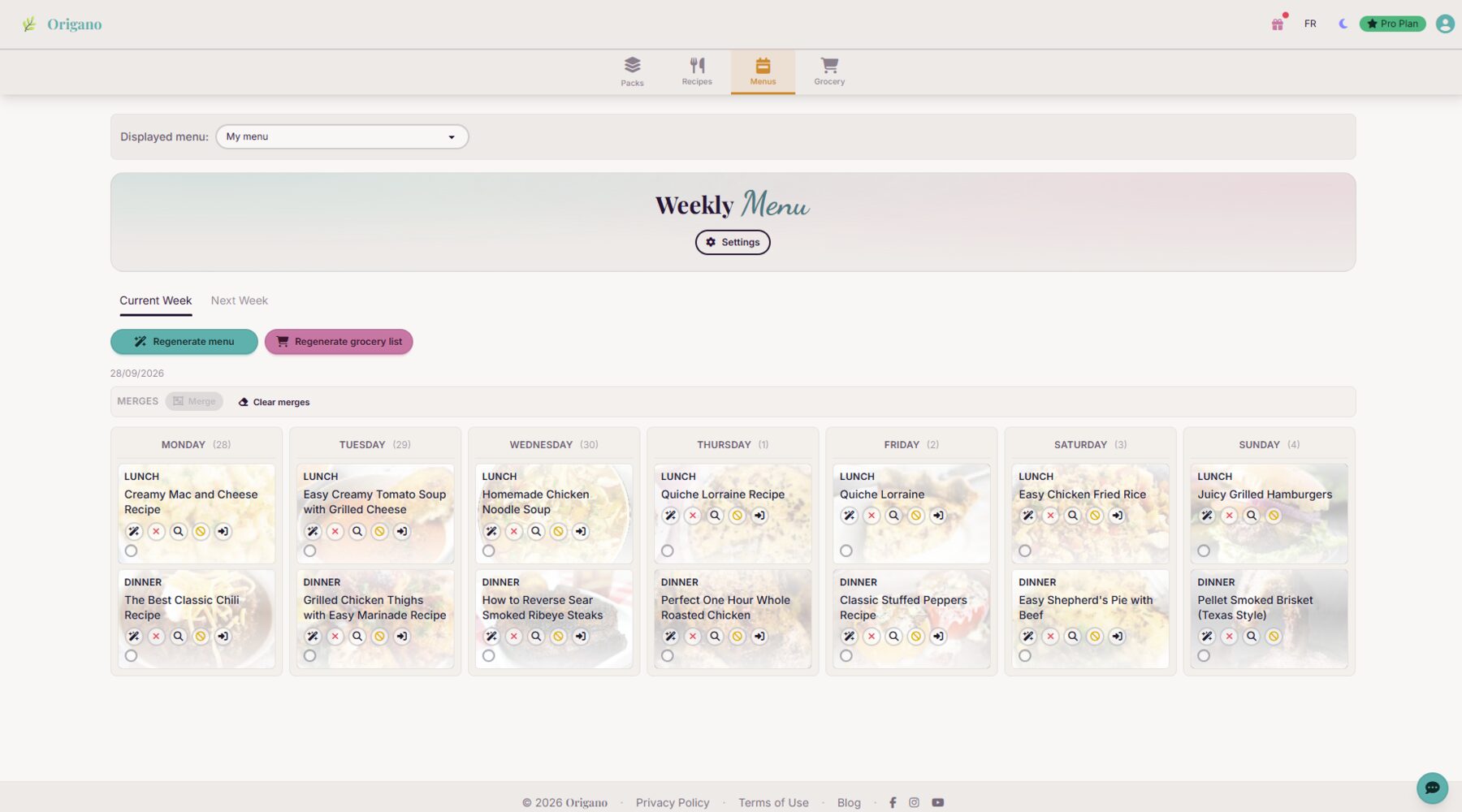 Origano weekly meal planner: full week view with lunch and dinner slots