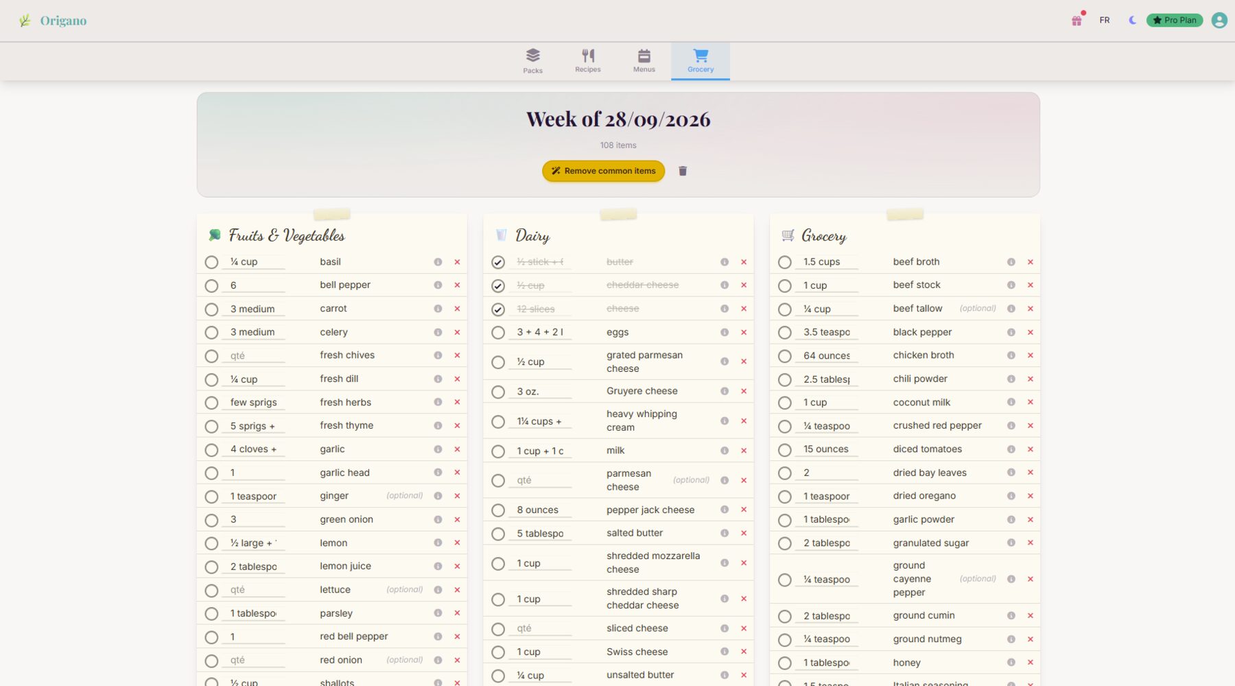 Origano grocery list: sorted by category with AI button to remove common items