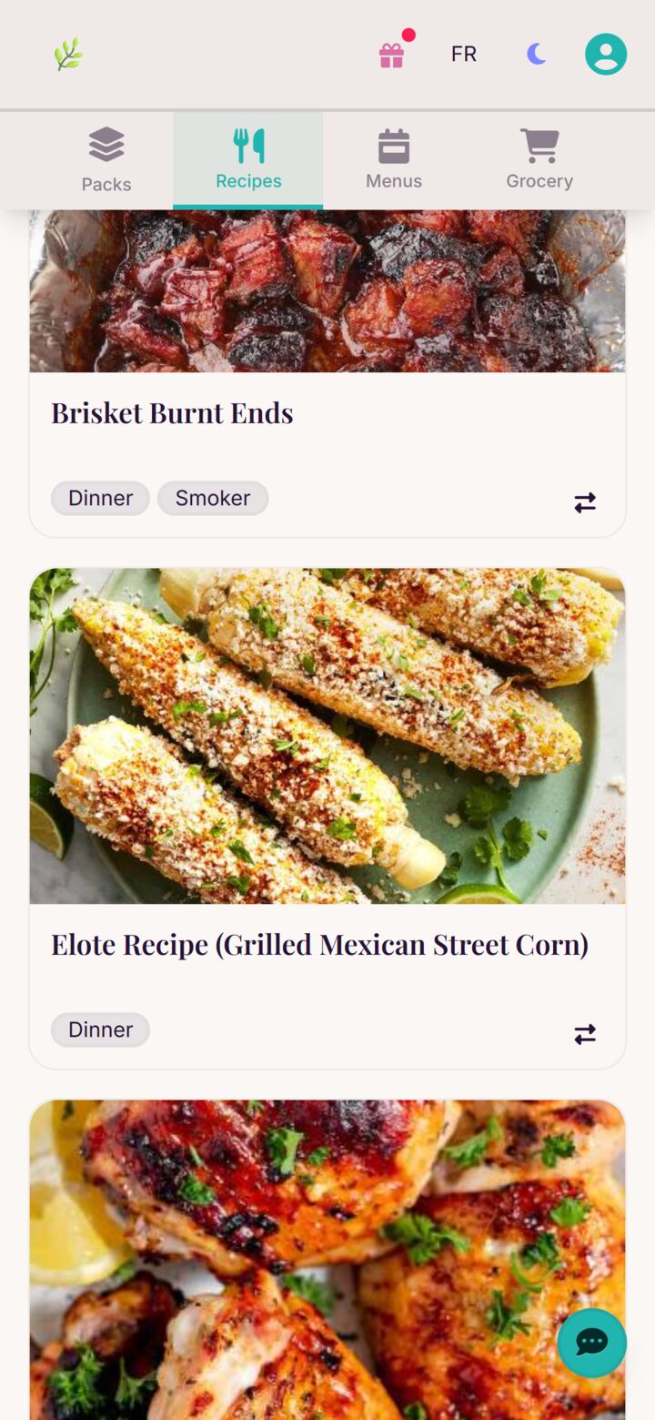 Origano recipe list on mobile