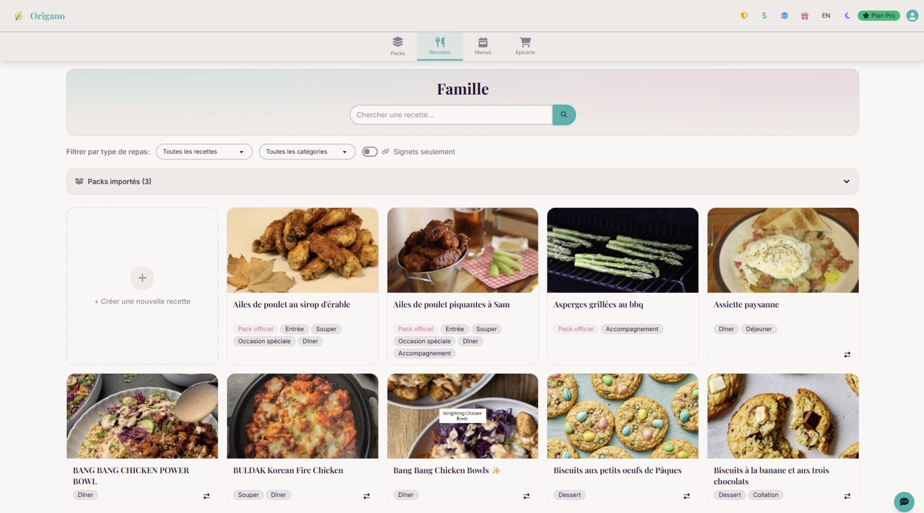 Livre de recettes Origano : grille de recettes organisées par catégorie