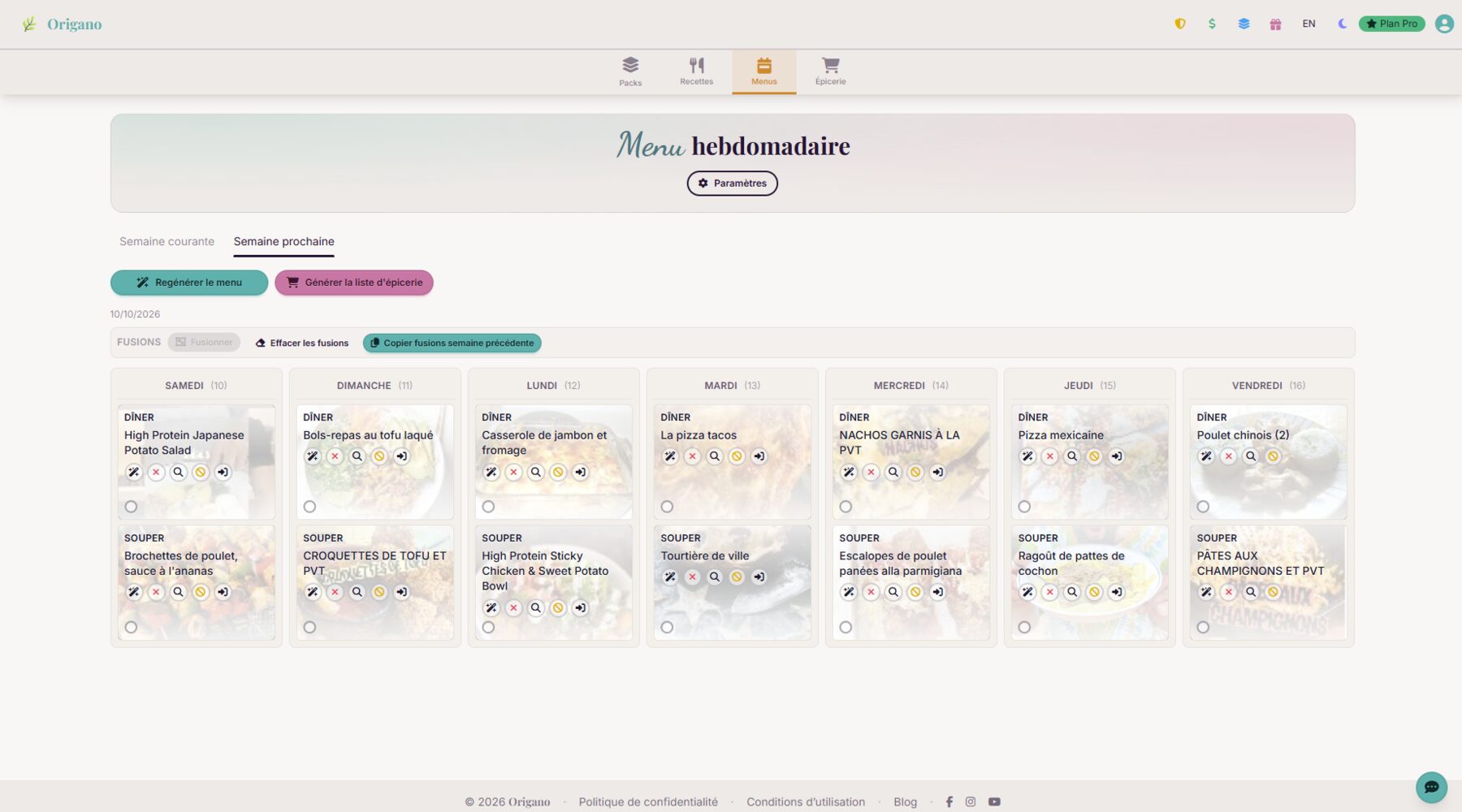 Planificateur de repas hebdomadaire Origano : vue de la semaine avec les repas du midi et du soir