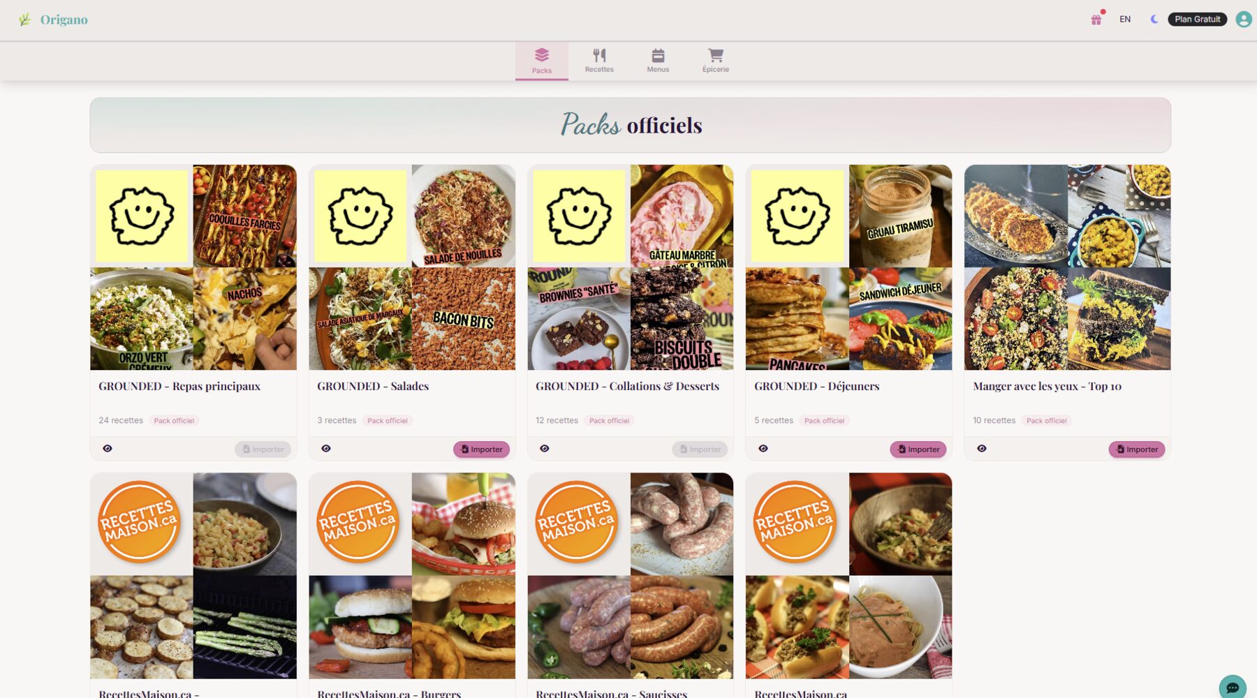 Page des packs officiels Origano : collections de recettes par des créateurs culinaires vérifiés