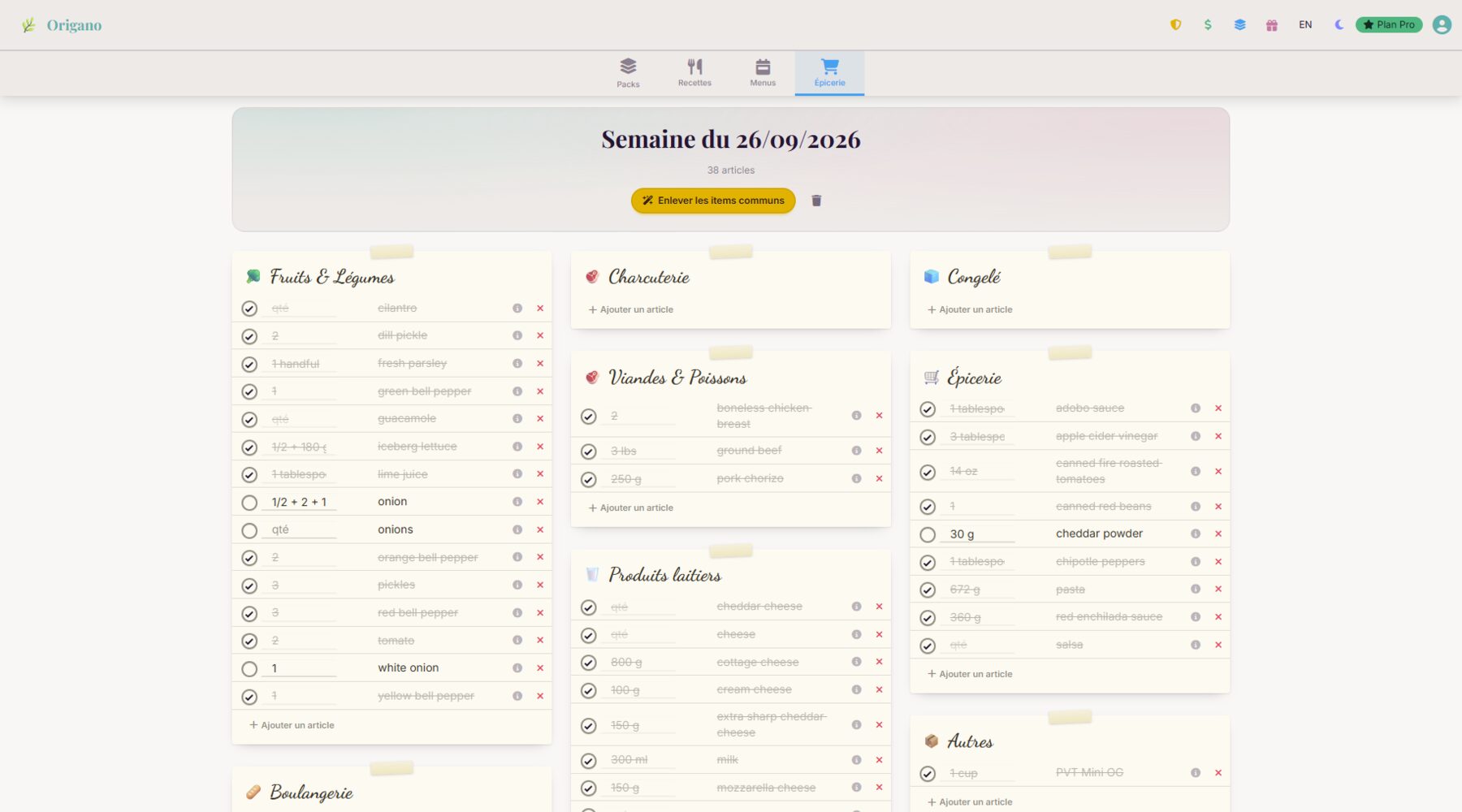 Liste d’épicerie Origano : classée par catégorie avec bouton IA pour retirer les items courants