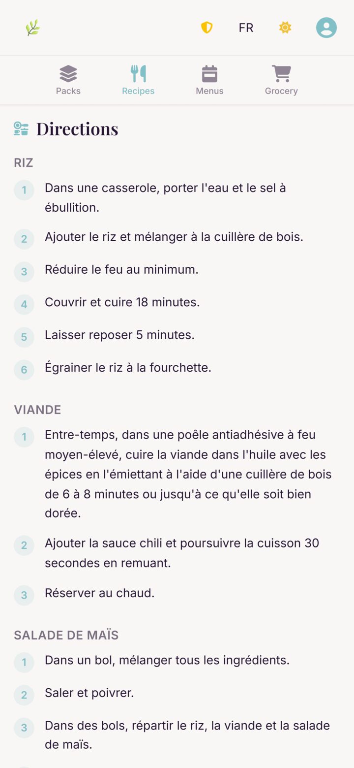Détail d’une recette Origano sur mobile avec les instructions de cuisine