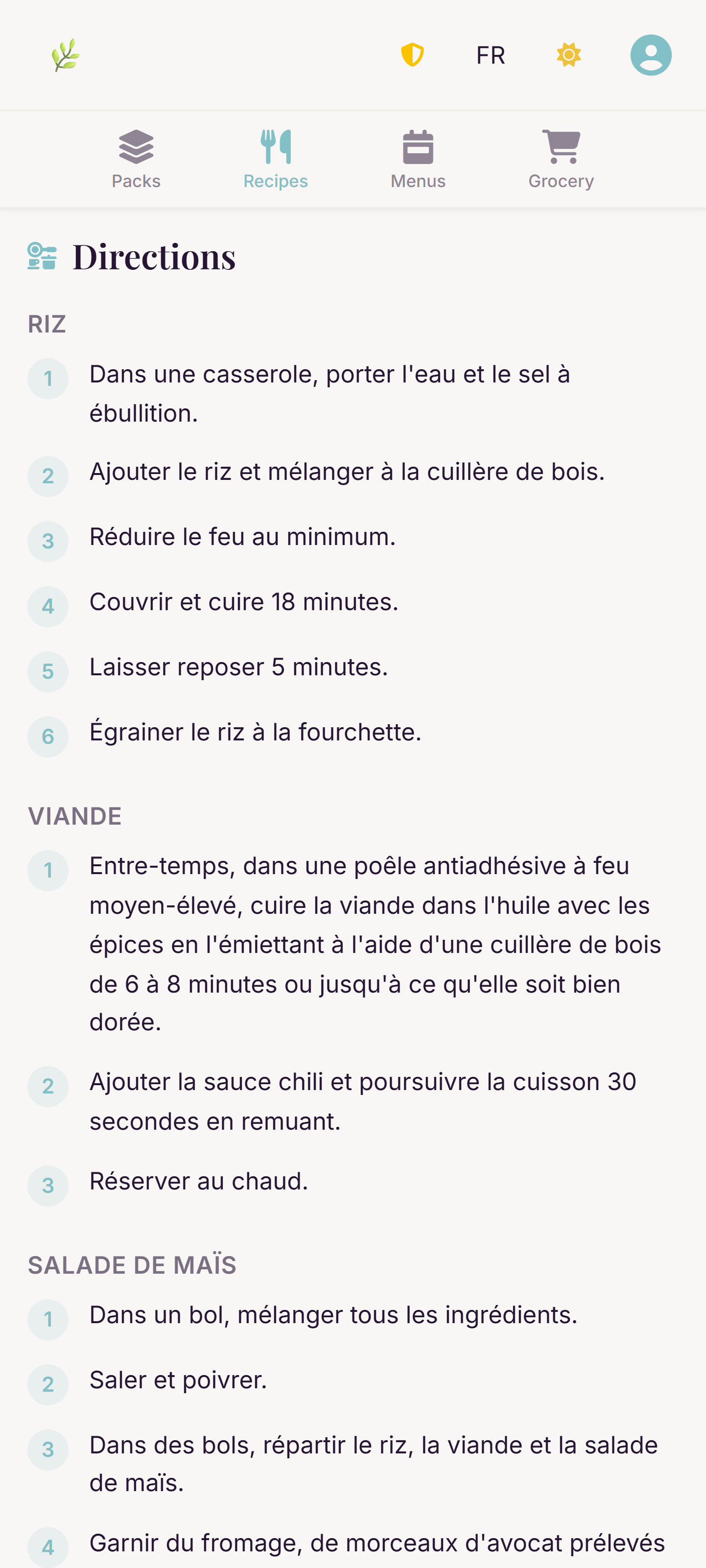 Origano recipe detail on mobile with step-by-step cooking instructions